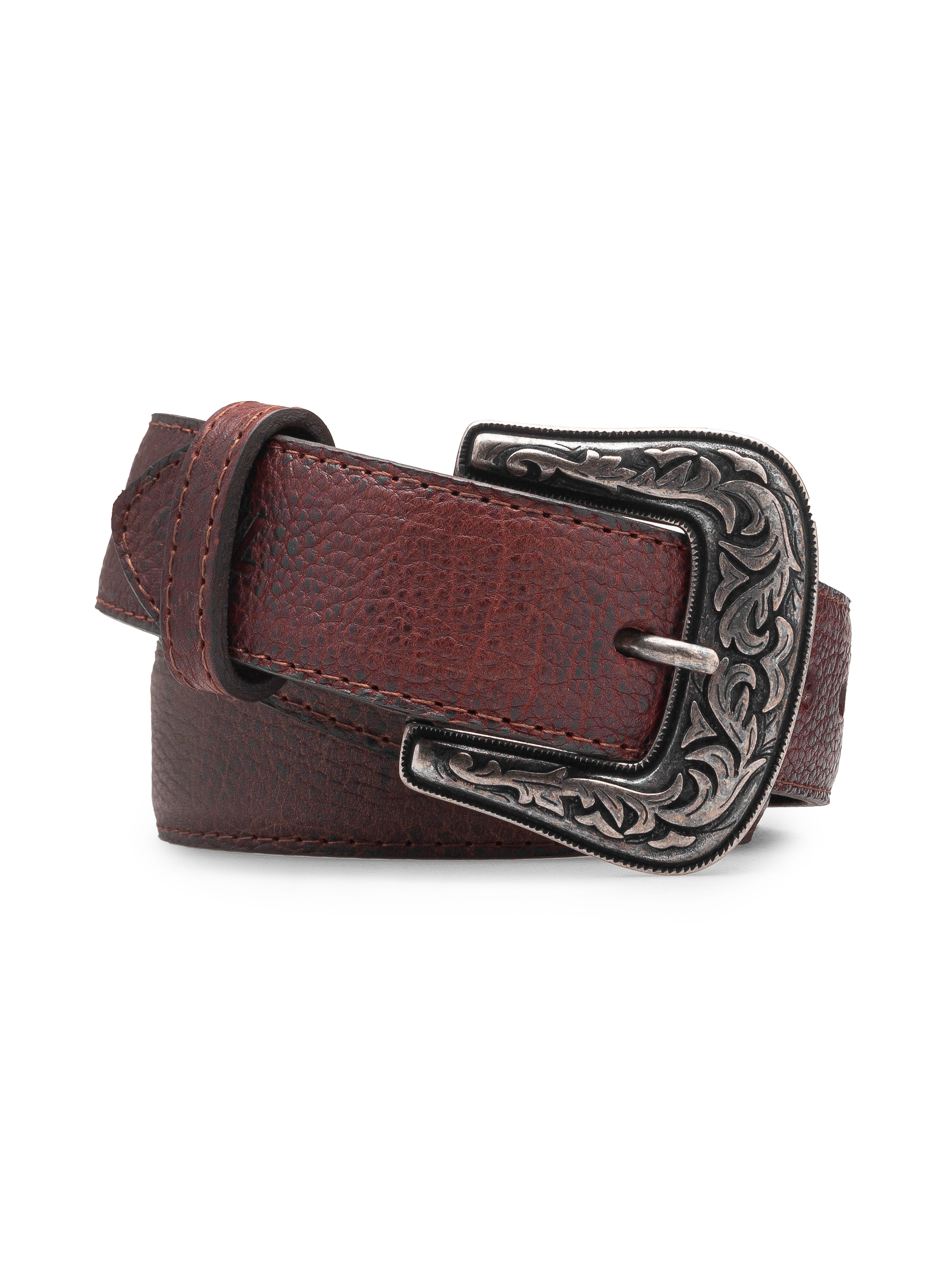 Cinturón Vaquero Bisonte Dark Brown Estilo 13 de 7 Leguas enrollado, mostrando la piel de bisonte con su grabado natural y único, disponible en Boot Place.
