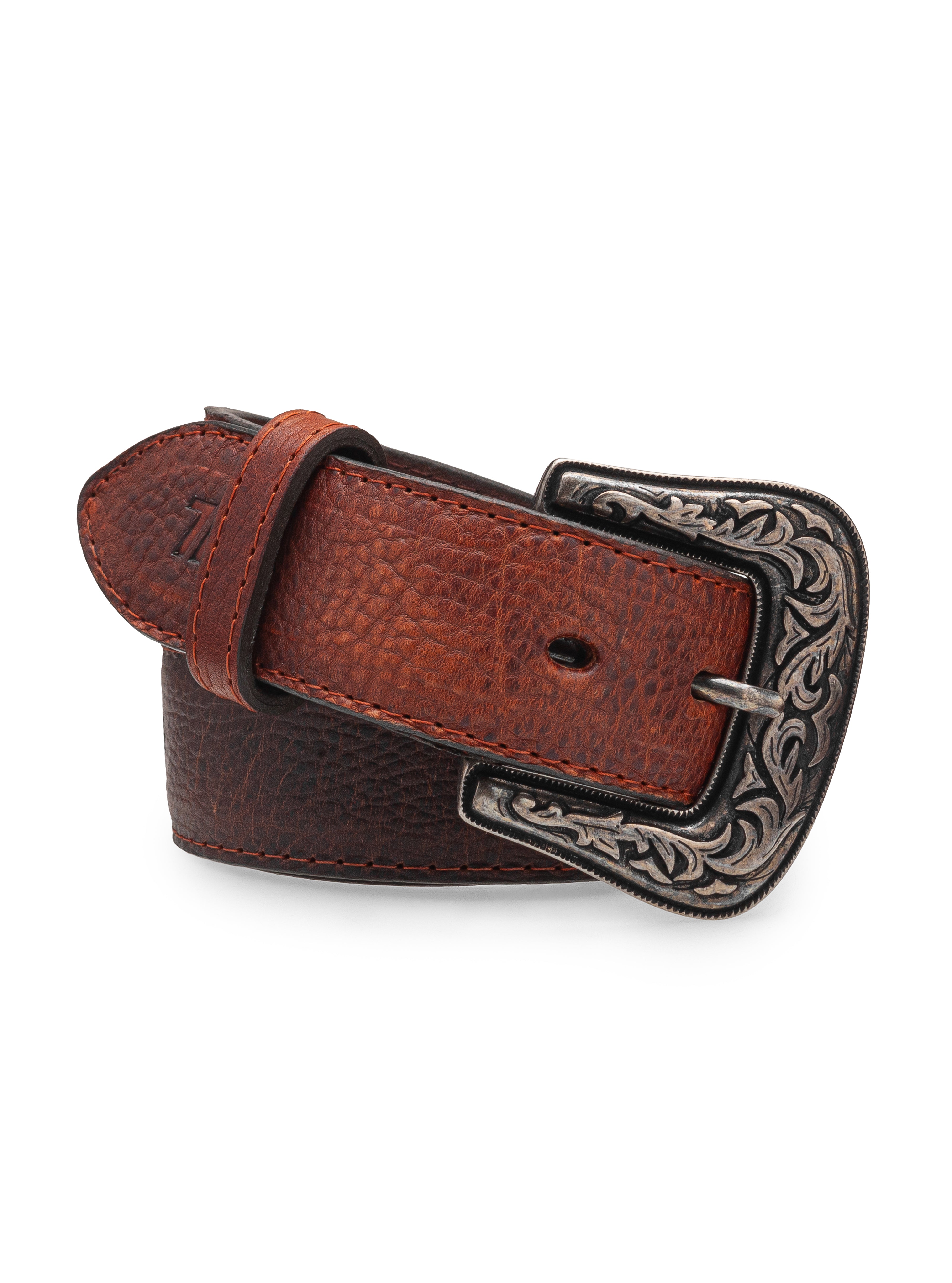 Cinturón Vaquero Bisonte Whiskey Estilo 13 de 7 Leguas enrollado, mostrando la piel de bisonte en color whiskey con su grabado natural y único, disponible en Boot Place.