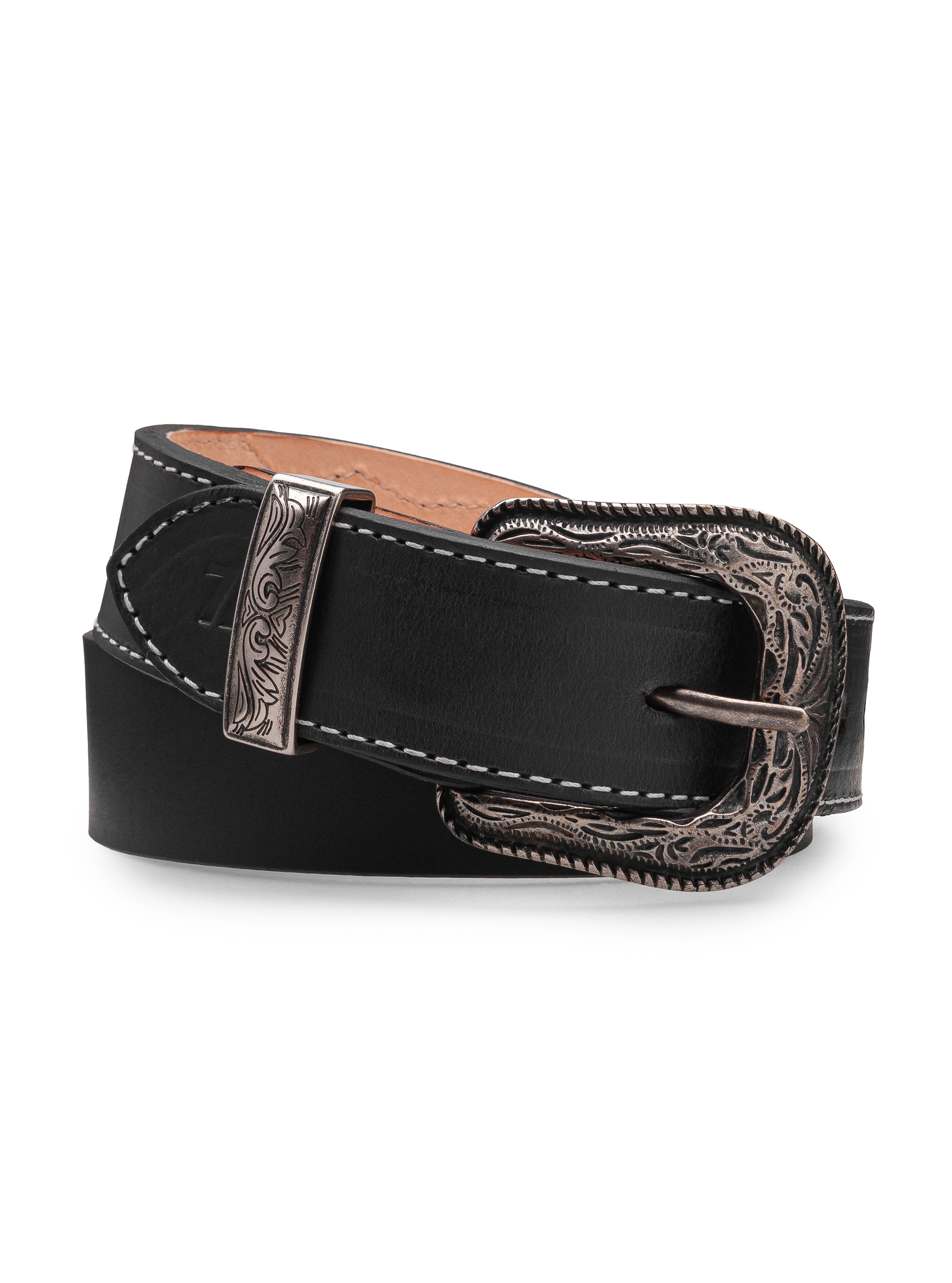 Cinturón Vaquero Sillero Negro Estilo 11 de 7 Leguas enrollado, mostrando la piel de sillero y el detalle del pasa cinto, disponible en Boot Place.