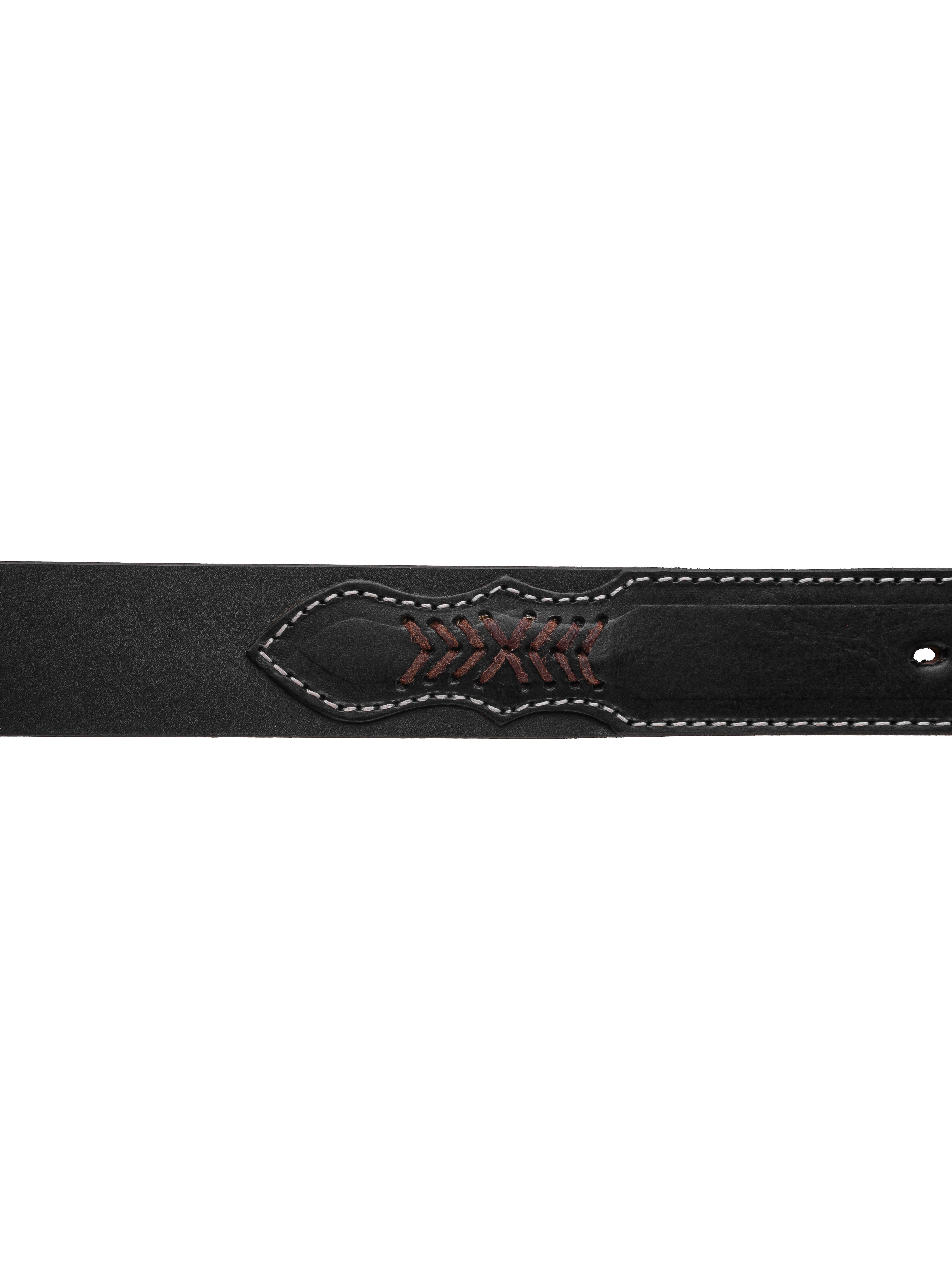 Vista del cuerpo delantero del Cinturón Vaquero Sillero Negro Estilo 11 de 7 Leguas, destacando su textura, costuras y diseño vaquero, disponible en Boot Place.