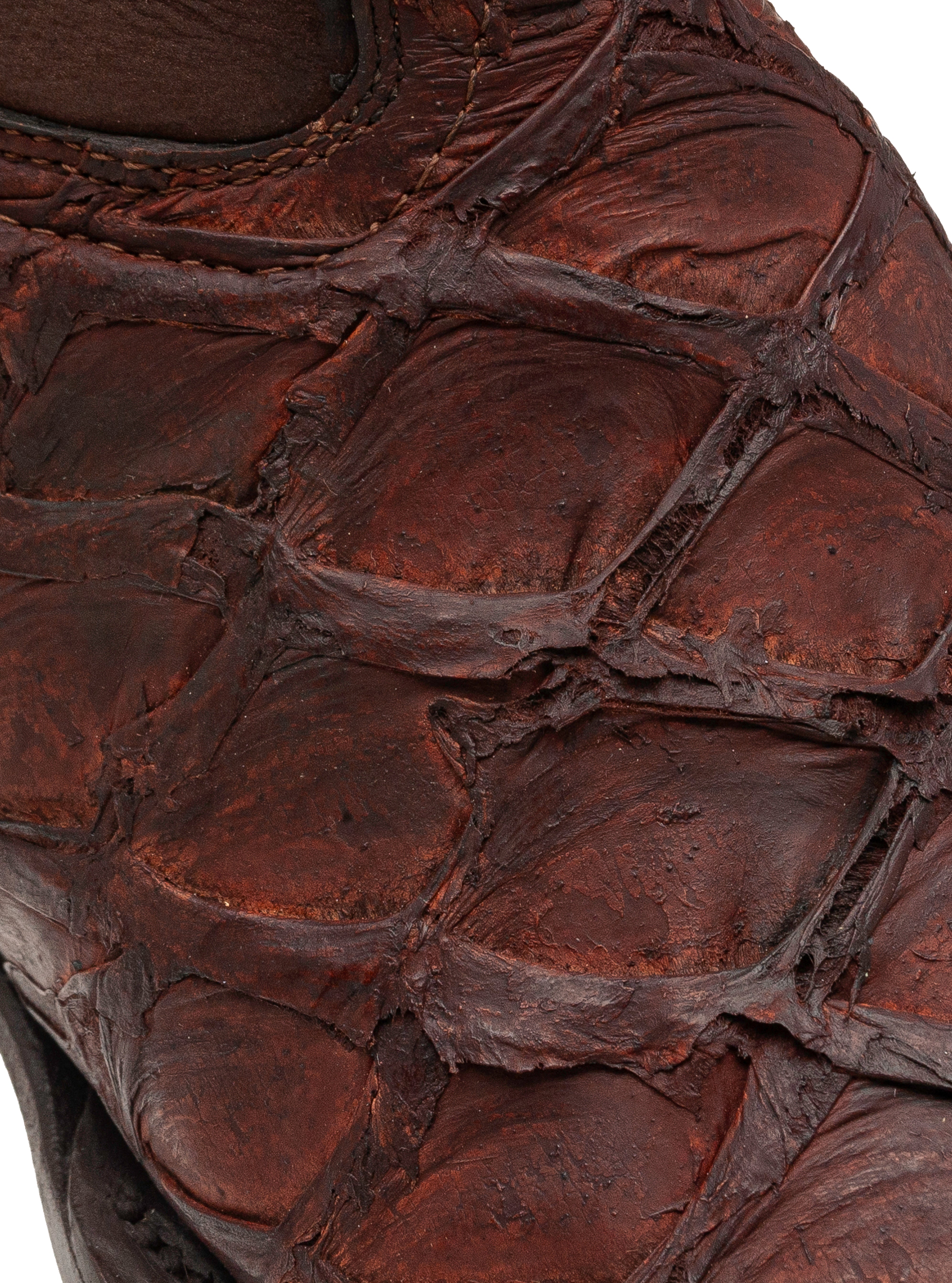 Detalle de la piel de pirarucú en la Bota Vaquera Café Stockton, mostrando su textura exótica y acabado artesanal de alta calidad.