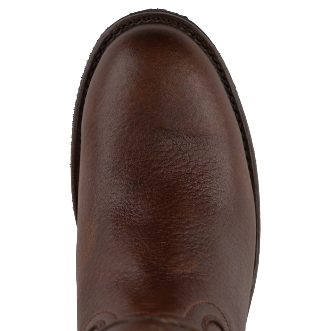 Punta de la Bota Vaquera con Suela de Hule y Piel Tabaco Siete Leguas, destacando su resistencia y elegancia en el diseño.