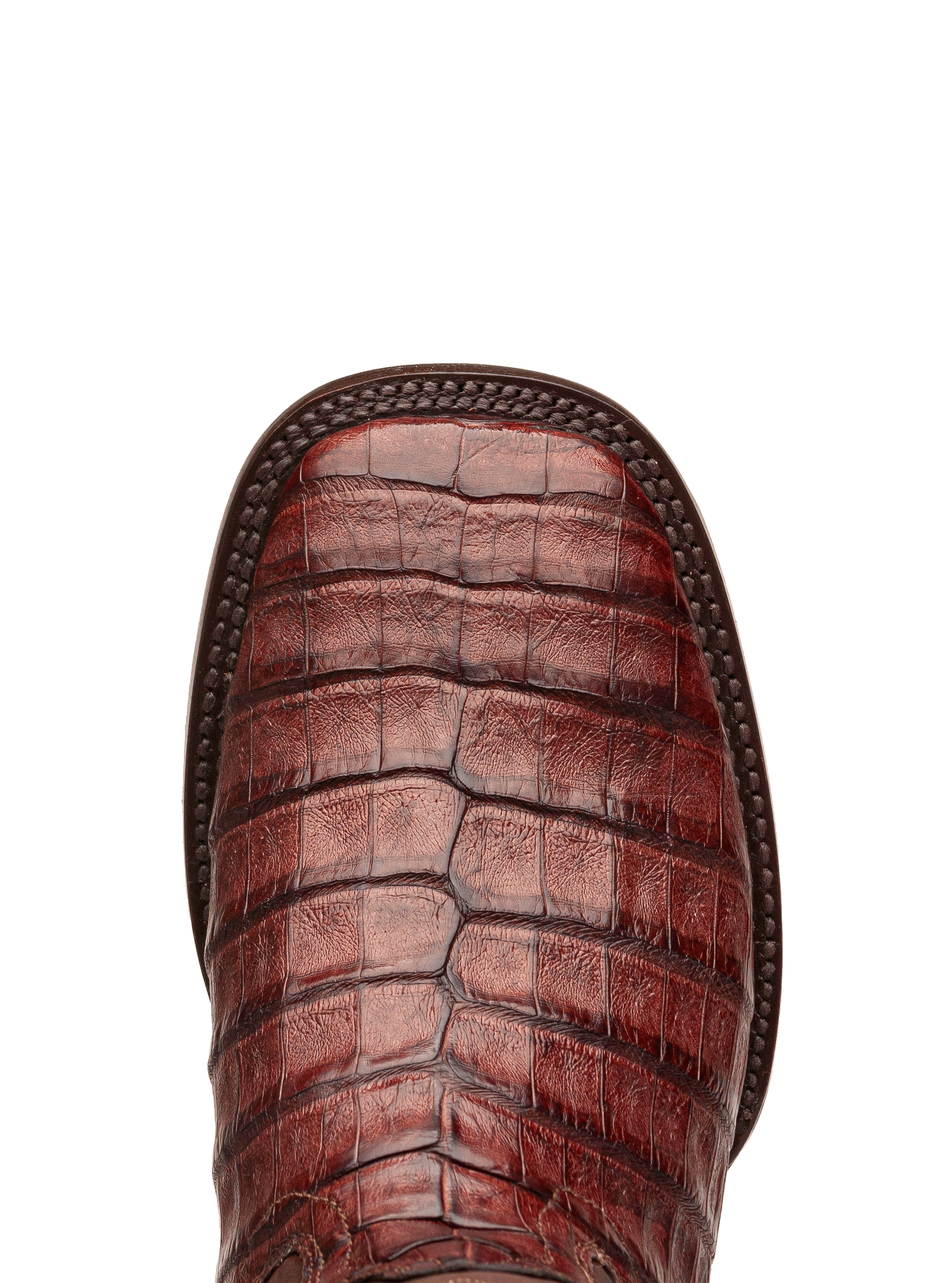 Punta Cuadrada de la Bota Vaquera con Piel de Panza de Cocodrilo Cognac Stockton, destacando el acabado refinado y el estilo clásico vaquero.