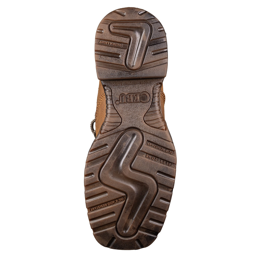 Suela ultralight y flex zone slip resistant de la bota Leiser de trabajo Cebu Hawk, resistente al aceite y ácido de la marca Cebu.