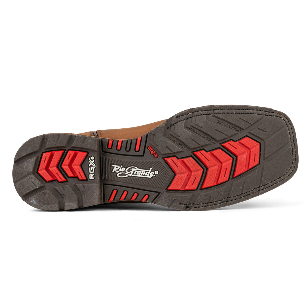 Detalle de la suela Slip Resistant de la Bota Vaquera de Trabajo Rio Grande Bush, resistente al aceite y diseñada para mayor durabilidad, disponible en Boot Place.