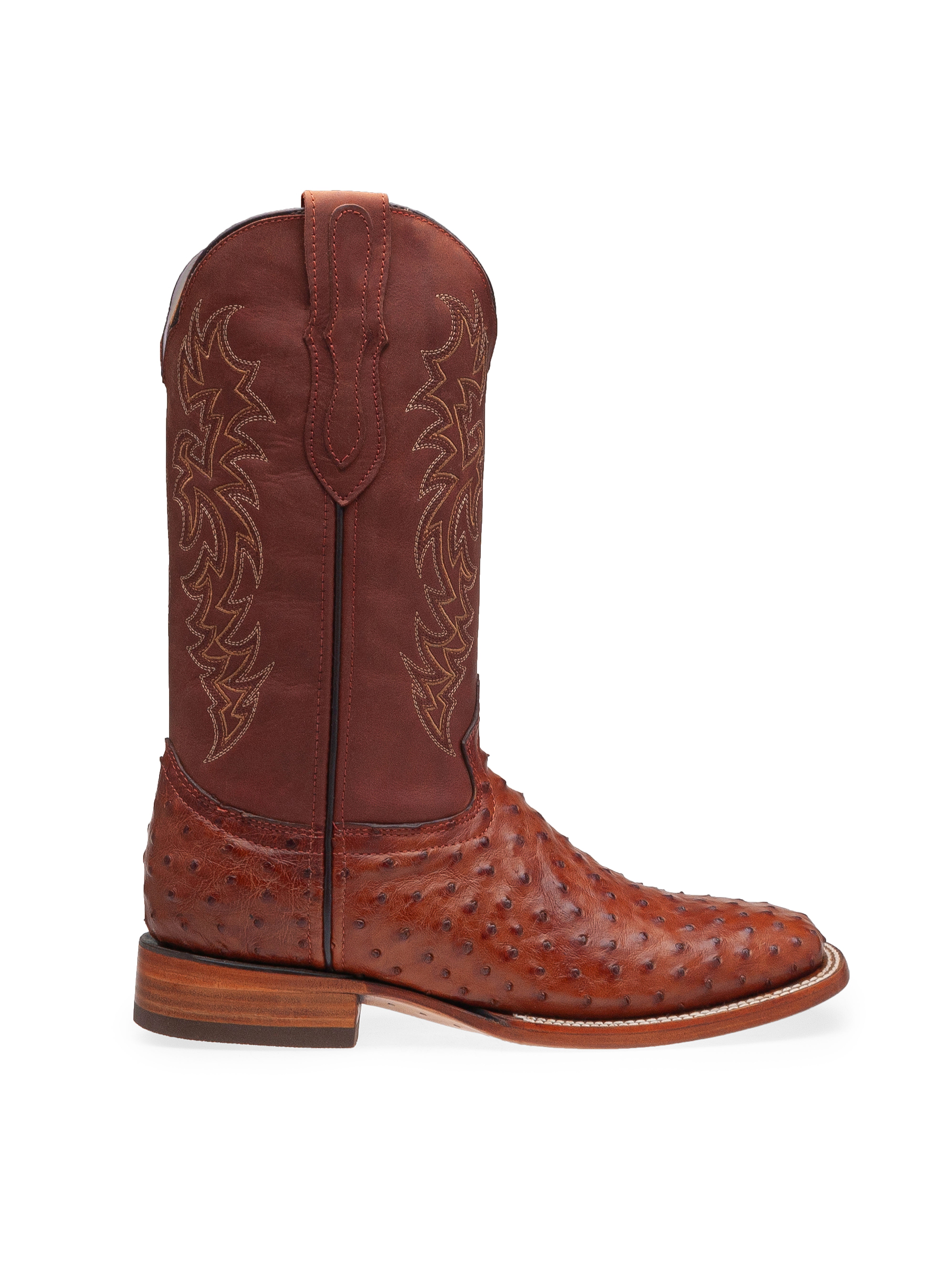Vista lateral de la Bota Vaquera con Piel de Avestruz Miel Stockton, mostrando el acabado en piel de alta calidad y su diseño vaquero clásico.