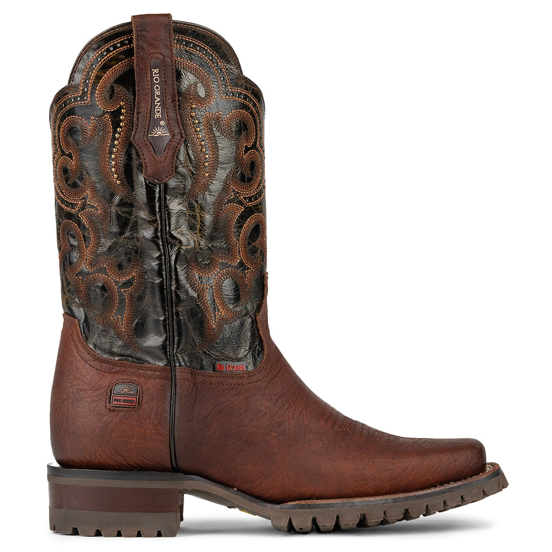 Vista lateral de la Bota Vaquera Rio Grande Tampa, mostrando su diseño robusto y piel premium, ideal para el rancho, disponible en Boot Place.