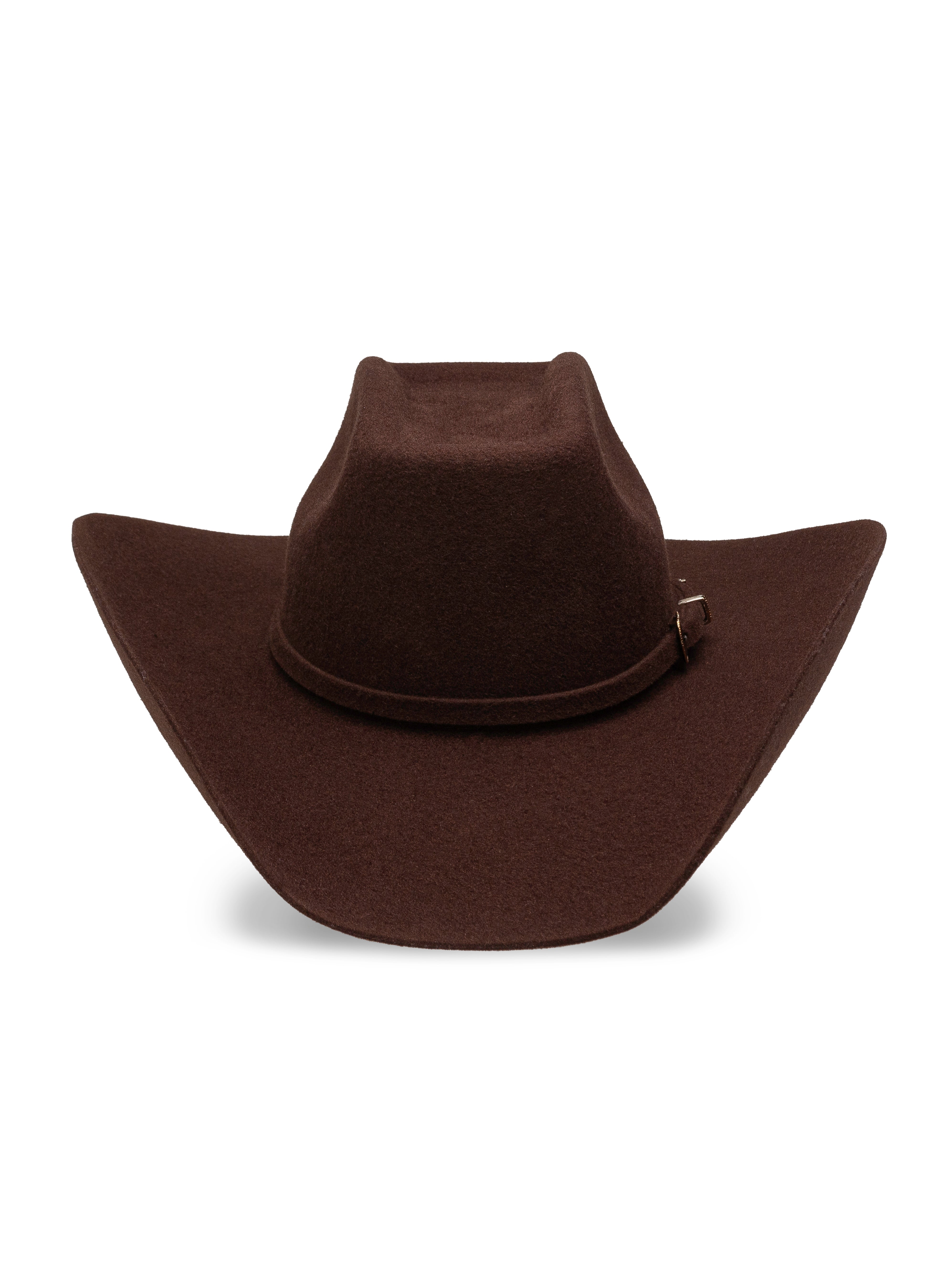 Vista lateral del Sombrero Vaquero Estilo Texana 8 Segundos en lana chocolate, mostrando la altura de la copa y el largo del ala, disponible en Boot Place.