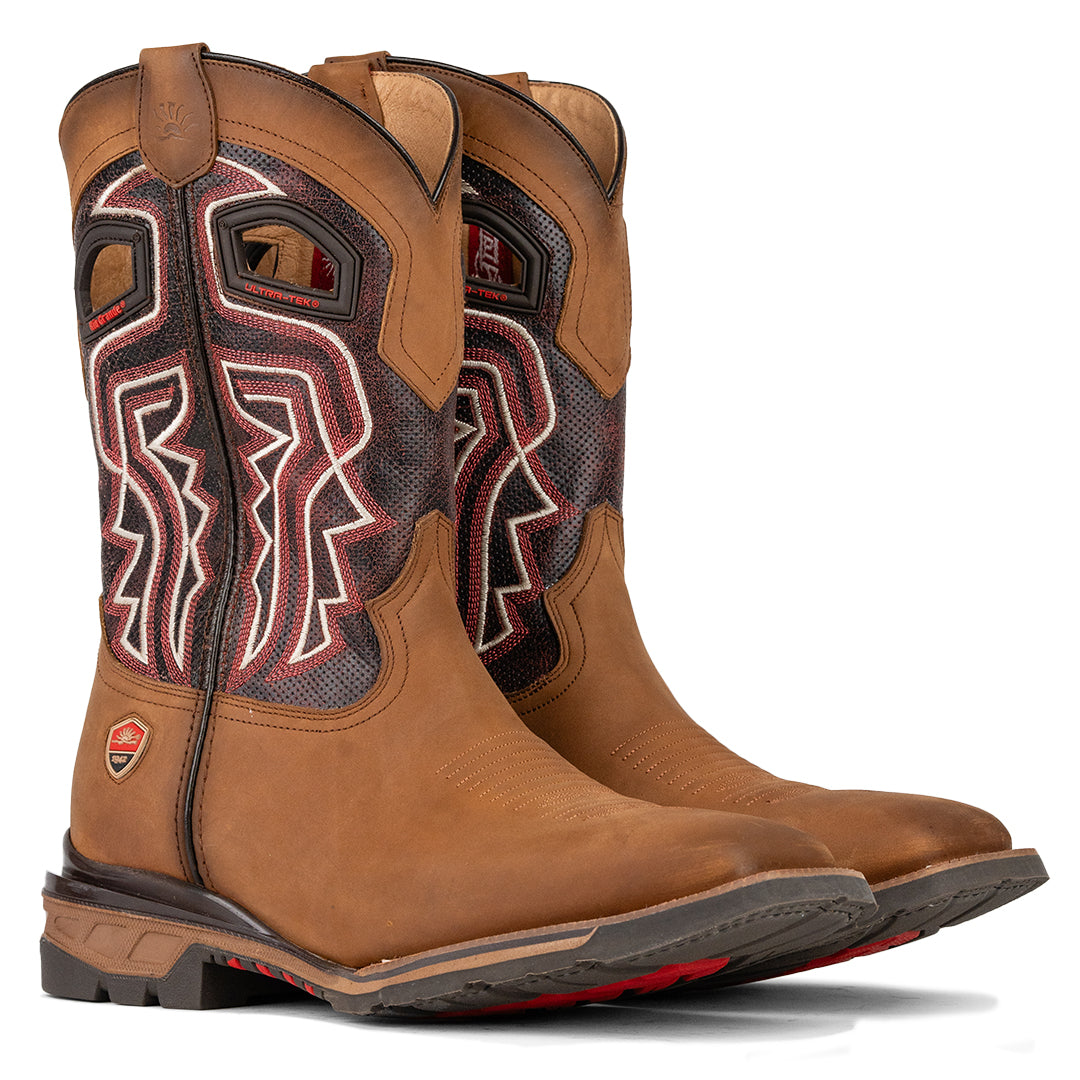 Vista de perspectiva frontal de la Bota Vaquera de Trabajo Rio Grande Bush, con suela resistente y cómoda, piel de primera calidad, disponible en Boot Place.