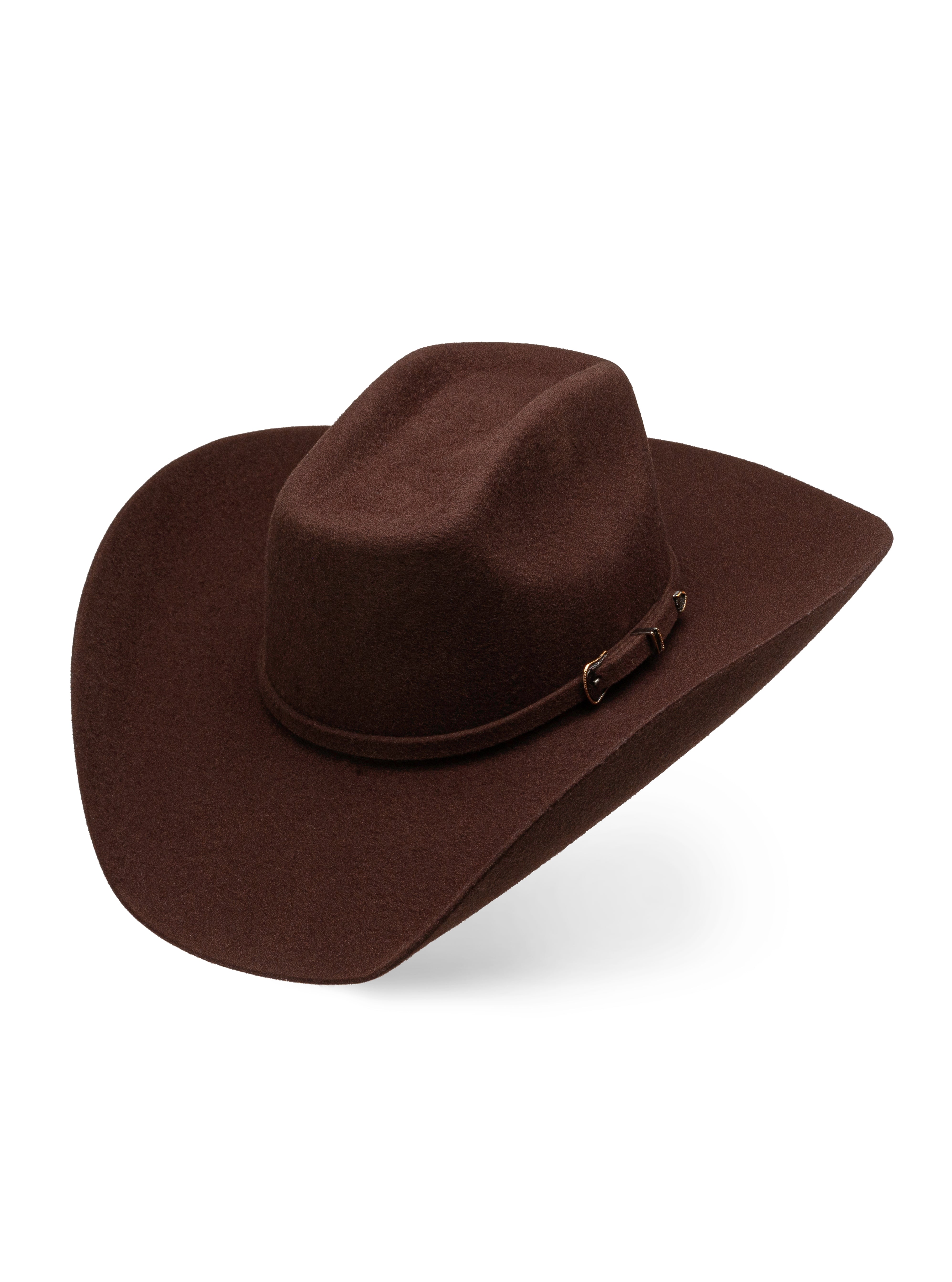 Vista de perspectiva frontal del Sombrero Vaquero Estilo Texana 8 Segundos en lana chocolate, con horma 8 Segundos y toquilla de lana con hebilla dorada/plateada, disponible en Boot Place. Marca 7 Leguas.