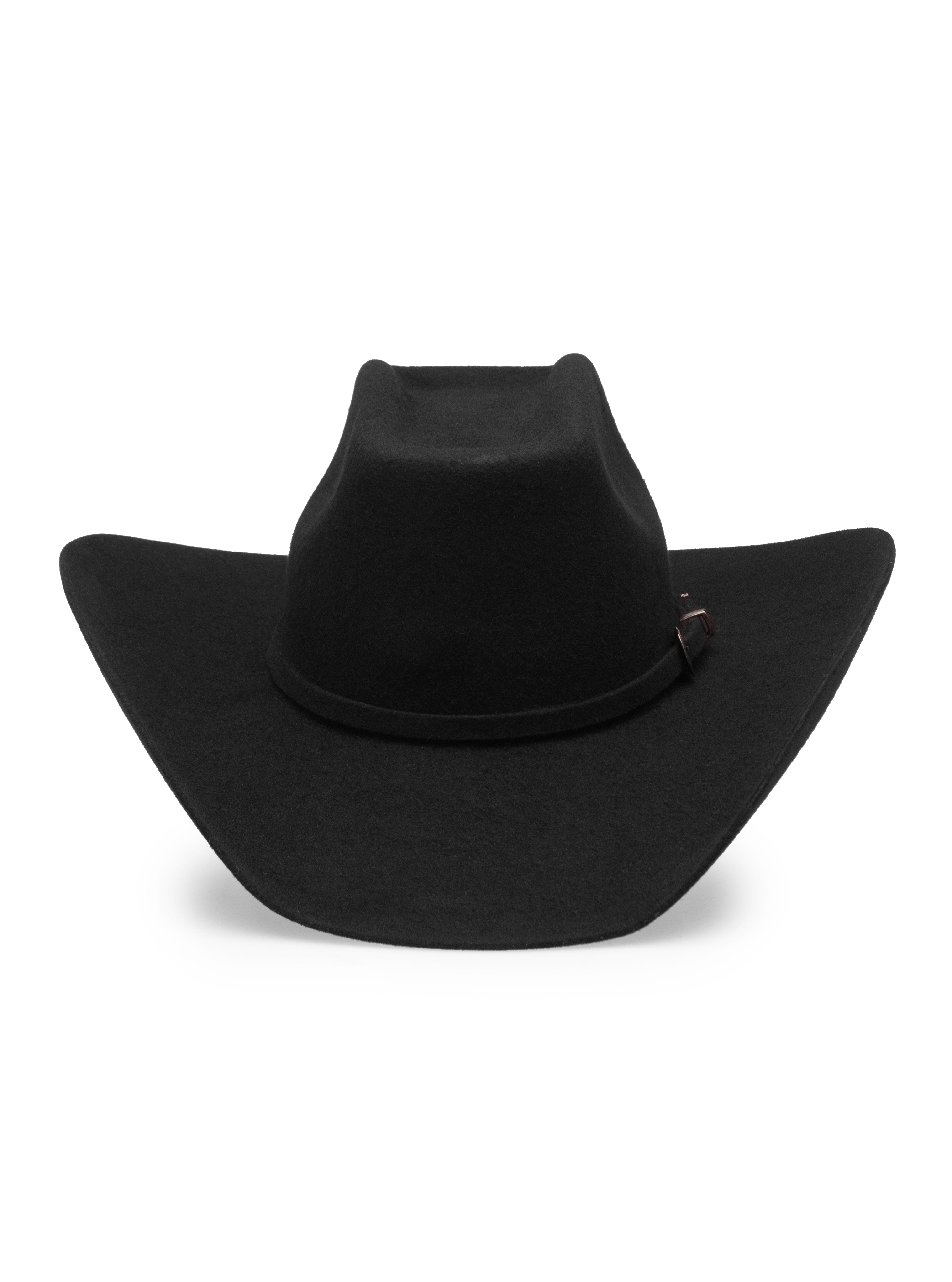 Vista de perspectiva frontal del Sombrero Vaquero Estilo Texana 8 Segundos en lana negro, con horma 8 Segundos y toquilla de lana con hebilla dorada/plateada, disponible en Boot Place.