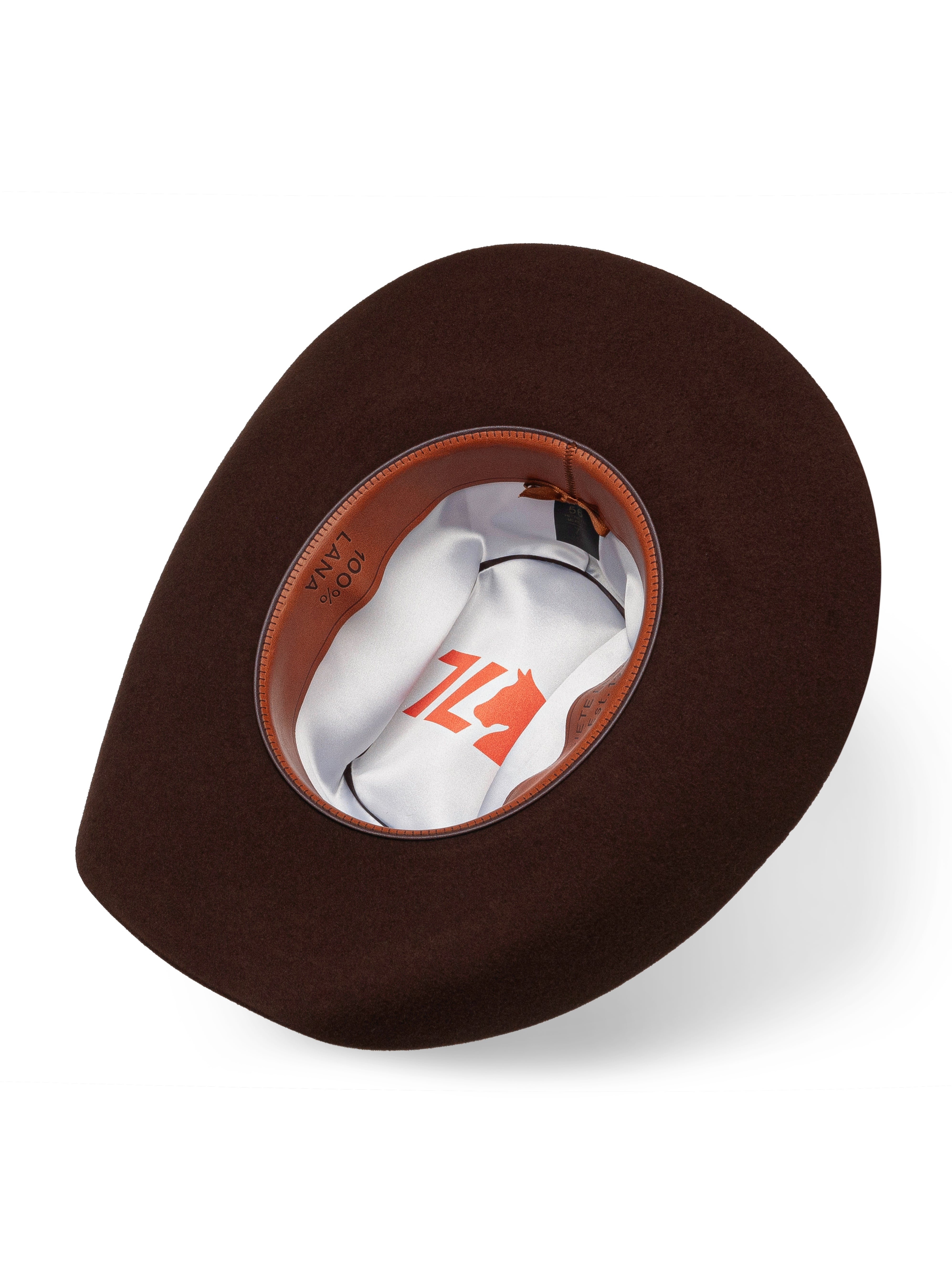 ista inferior del Sombrero Vaquero Estilo Texana 8 marca 7 Leguas Segundos en lana chocolate, mostrando el forro textil fino con logotipo y tafilete de cabra natural, disponible en Boot Place .